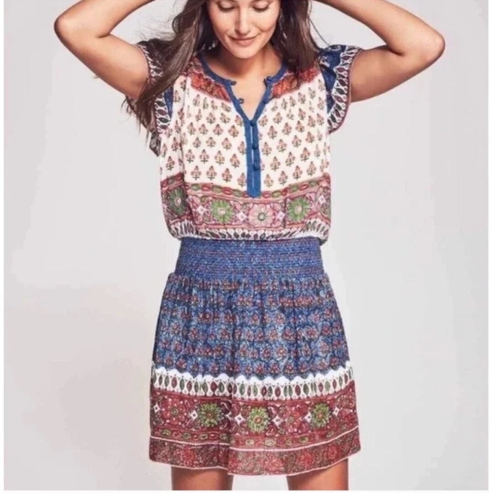 Faherty Bemini Smocked Waist Sz XS Flutter Mini Dress Boho Chic Kapu Beach Print - Picture 11 of 11